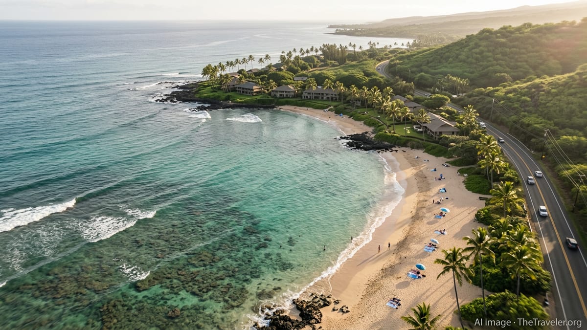 Aerial view of a Hawaiian bay at golden hour with turquoise water, palm-lined beach and green hills.