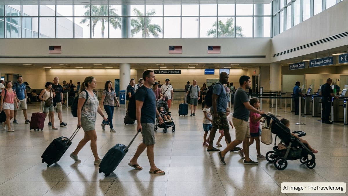 Travelers walk through Miami International Airport arrivals hall toward U.S. passport control.