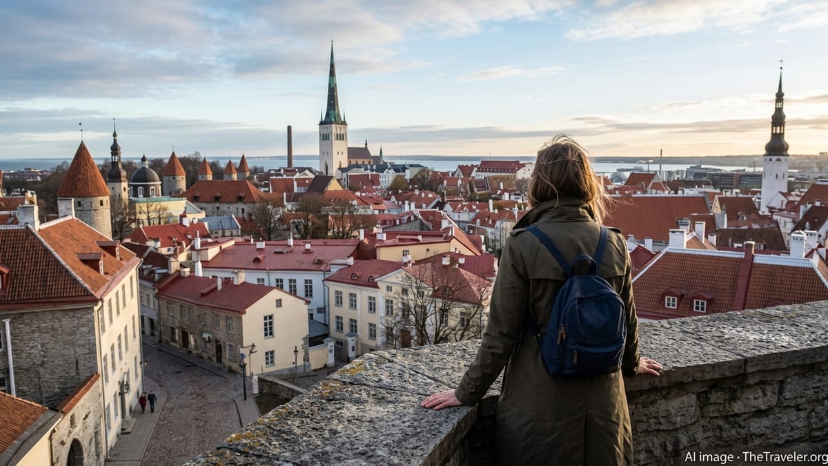 Solo female traveler overlooking Tallinn Old Town rooftops at sunrise.