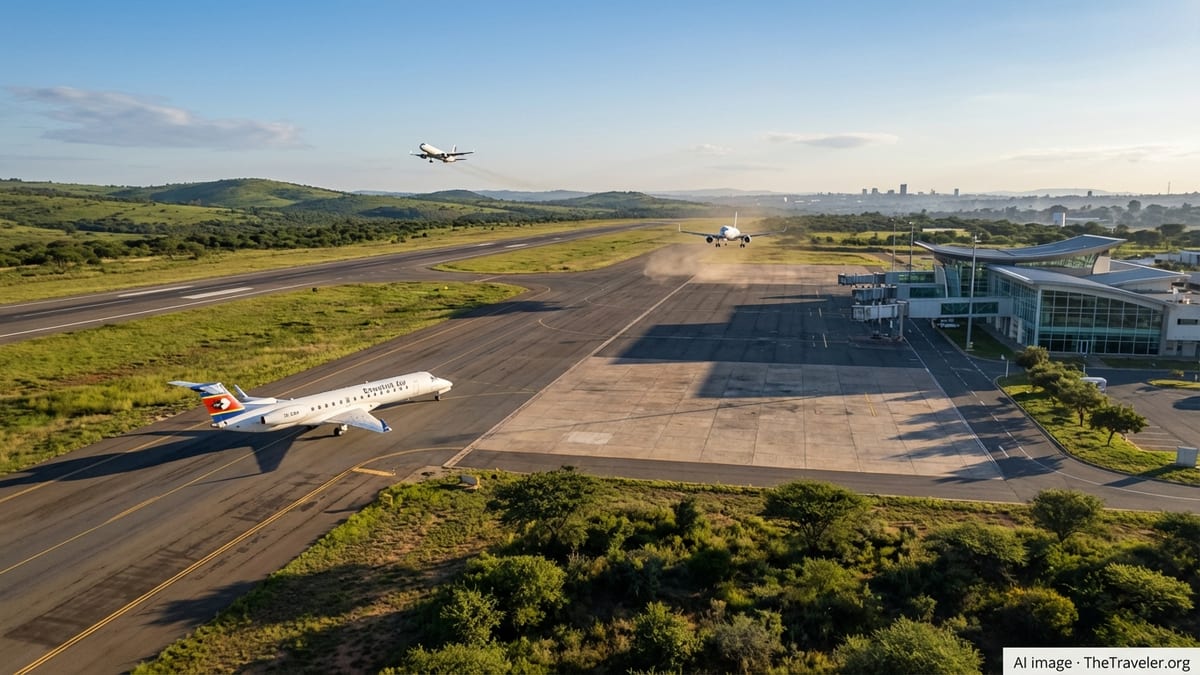 Eswatini Air regional jet on the runway at King Mswati III International Airport with green hills in the background.