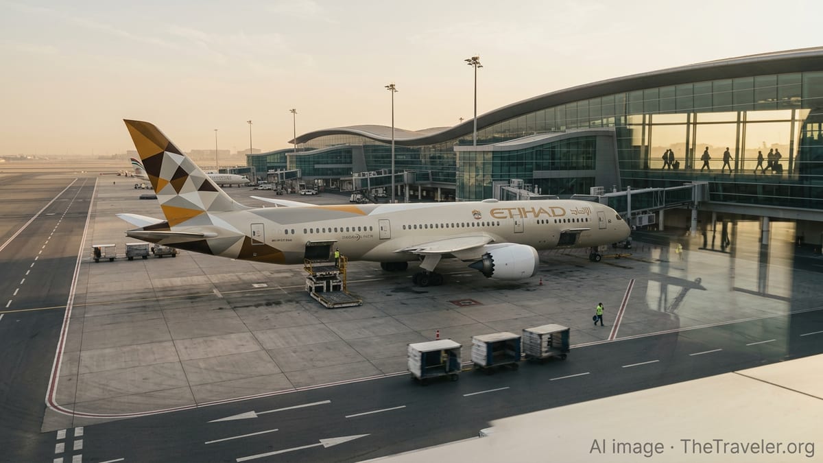 Etihad Boeing 787 at Abu Dhabi’s Zayed International Airport during golden hour.