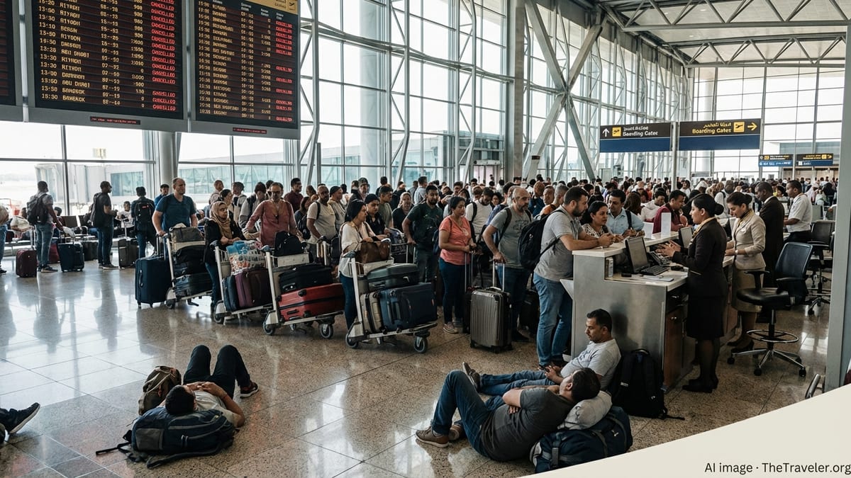 Stranded travelers crowd a Gulf airport terminal beneath departure boards showing widespread flight cancellations.