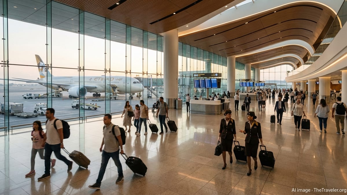Etihad aircraft at a gate in Abu Dhabi seen through terminal glass as crew and passengers move through the departure hall.