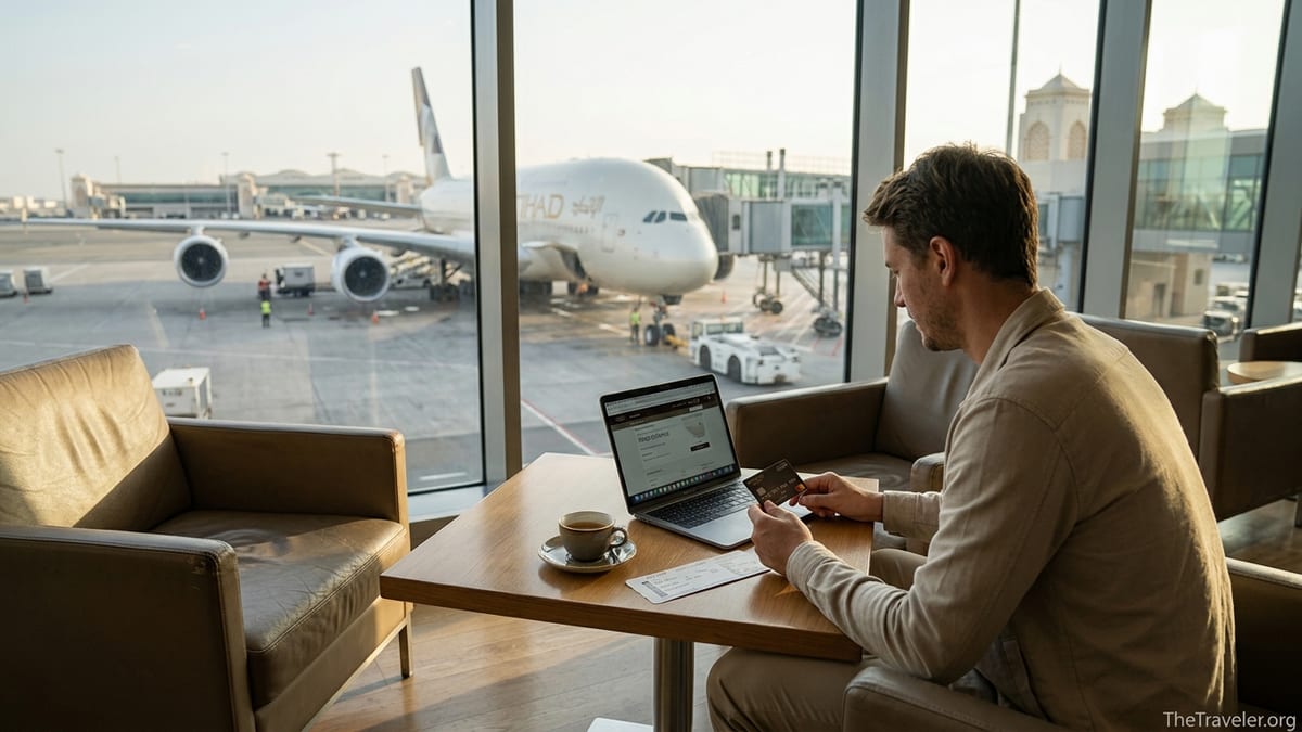 Traveler in Abu Dhabi airport lounge comparing Etihad Guest card benefits with an Etihad A380 outside the window.