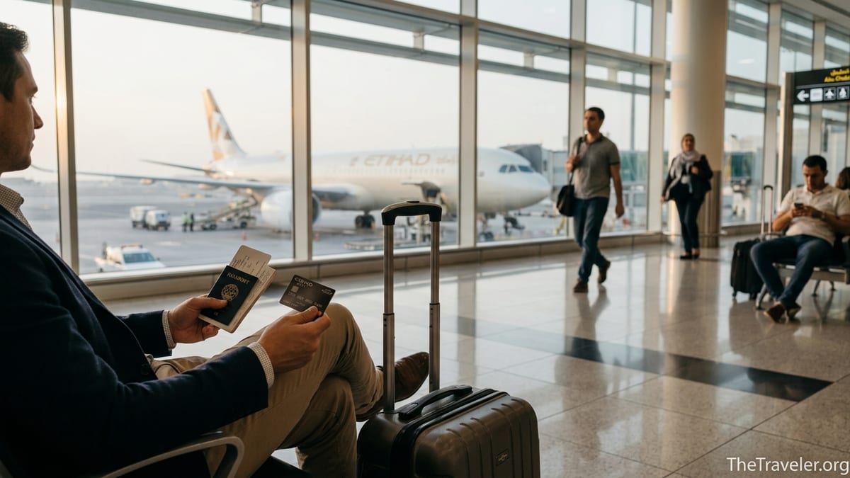 Traveler holding an Etihad Guest card at Abu Dhabi airport with an Etihad aircraft outside the window.