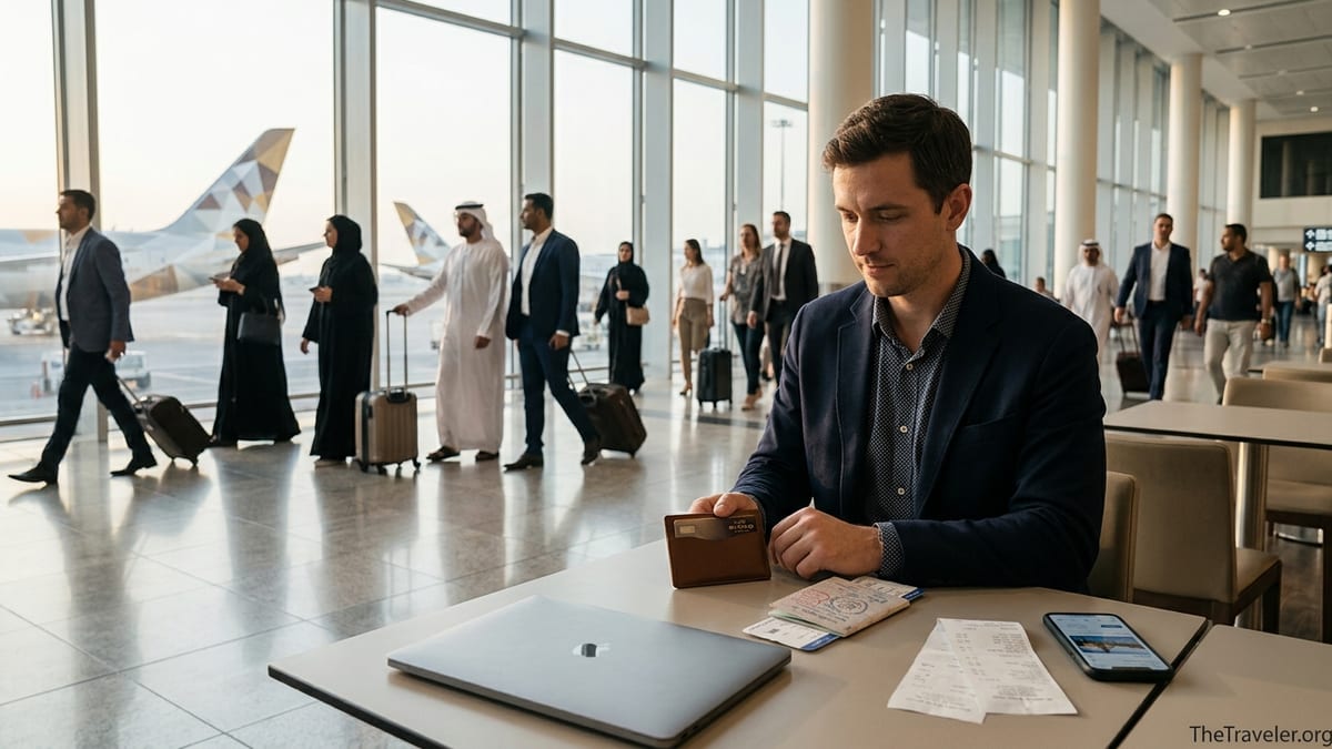 Traveler in Abu Dhabi airport reviewing Etihad Guest card details before a flight