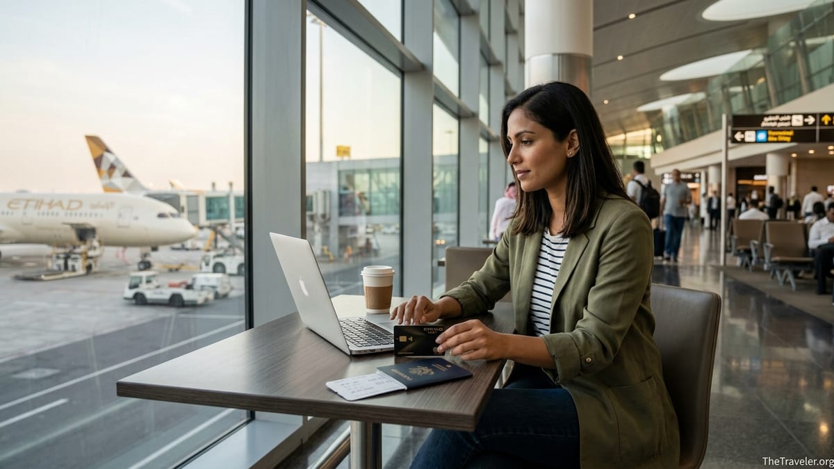 Traveler in Abu Dhabi airport using an Etihad Guest credit card beside a laptop and boarding pass.