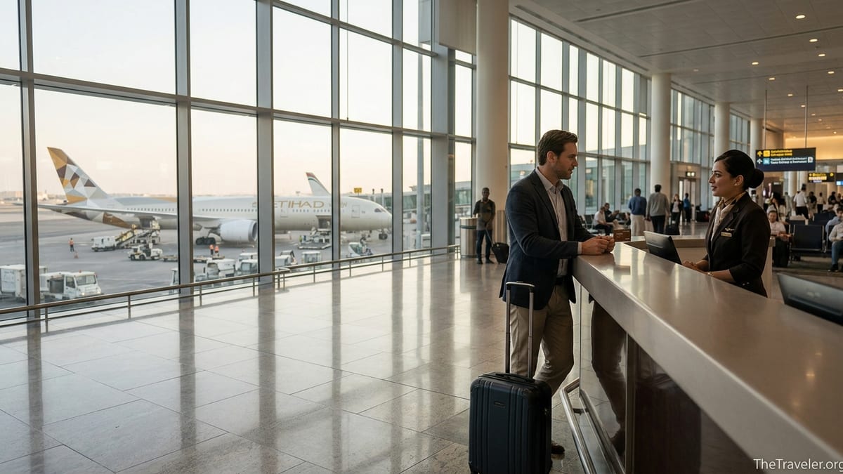 Traveler using an Etihad Guest credit card at Abu Dhabi airport check-in with an Etihad aircraft outside.