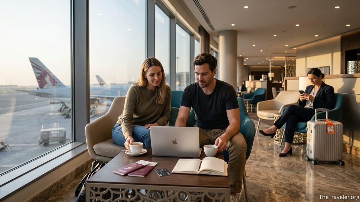 Travelers in an airport lounge weighing Qatar Airways and Etihad credit card options.