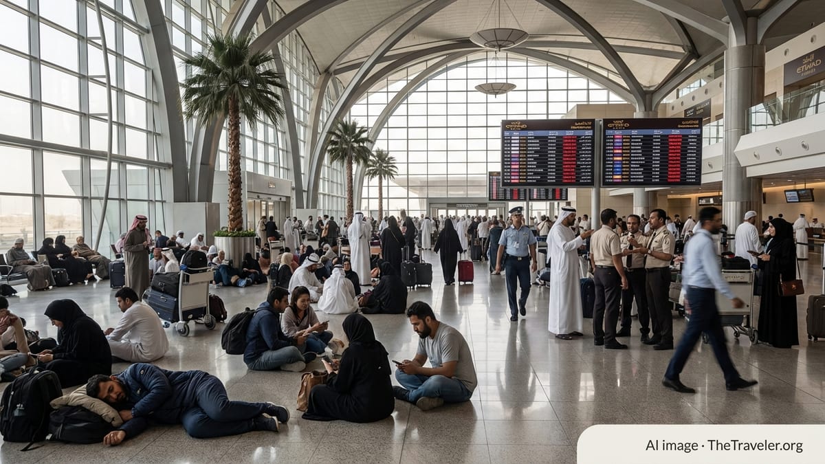 Stranded passengers sit with luggage under cancellation boards at Abu Dhabi airport.