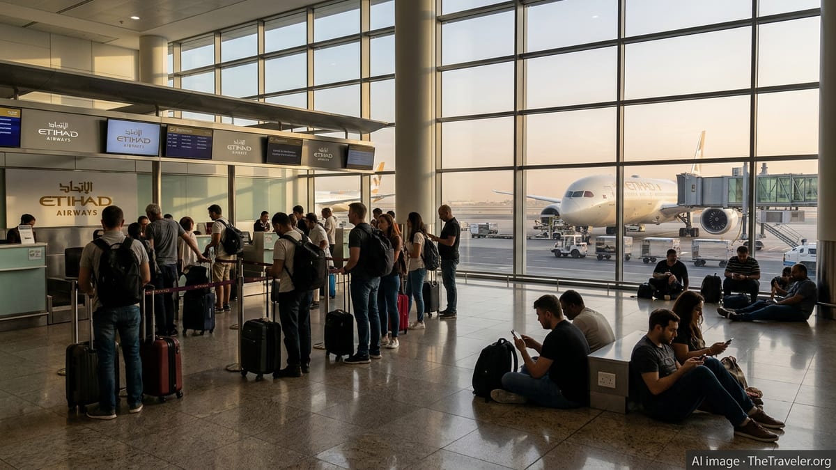 Travelers queue and check phones at an Etihad check-in area in Abu Dhabi during flight disruptions.
