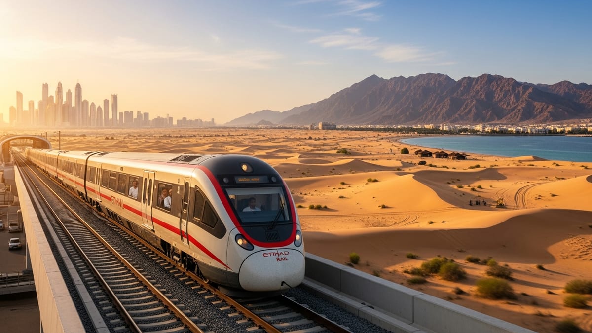 Etihad Rail passenger train travels through diverse UAE landscapes at sunset.