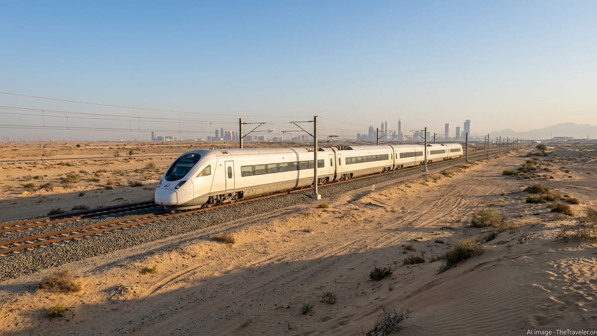 Etihad Rail passenger train crossing UAE desert toward a distant city skyline.