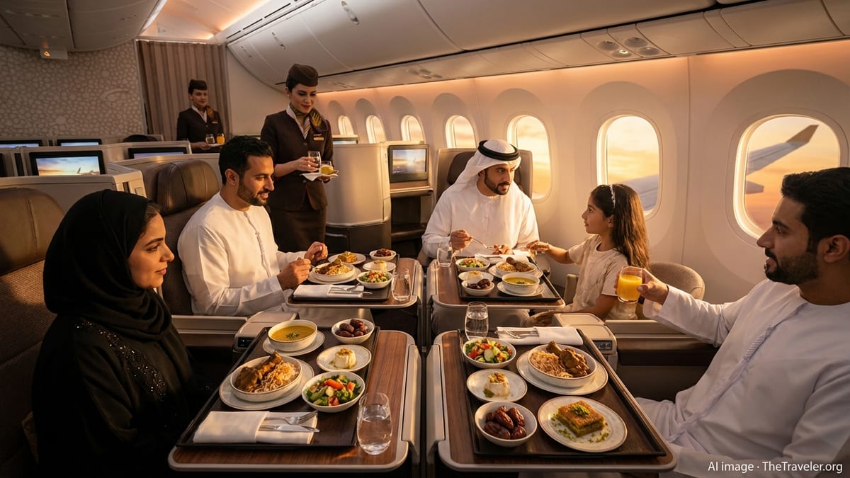 Passengers in Etihad business class breaking their Ramadan fast with elegant iftar meals at sunset.