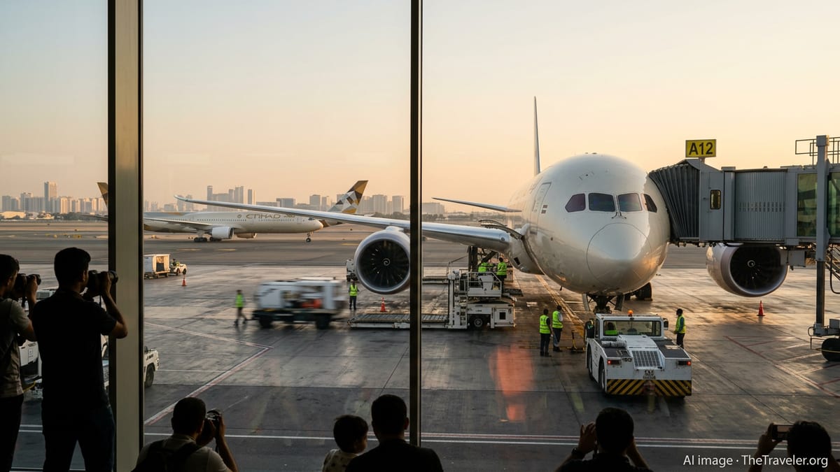 Etihad aircraft being prepared for departure at Abu Dhabi airport at sunset.