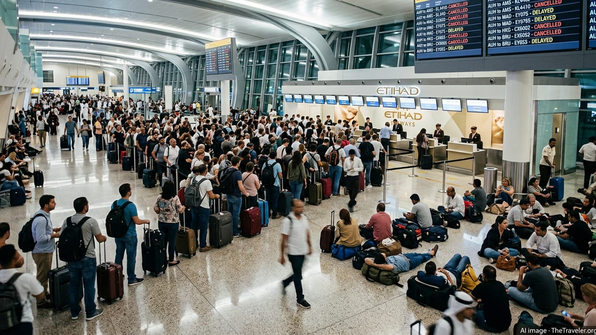 Crowded Abu Dhabi airport terminal with stranded Etihad passengers waiting among luggage and departure boards showing delays.