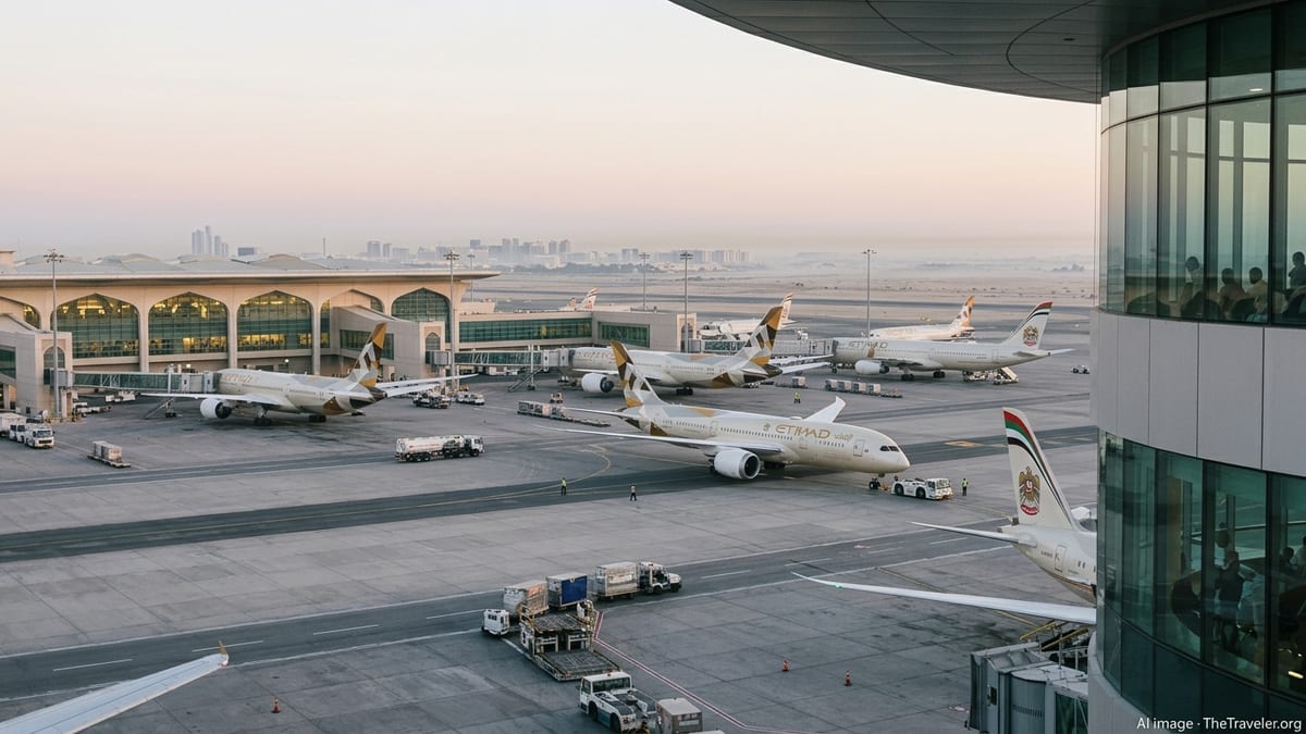 Etihad aircraft lined up at Abu Dhabi’s Zayed International Airport at sunrise.