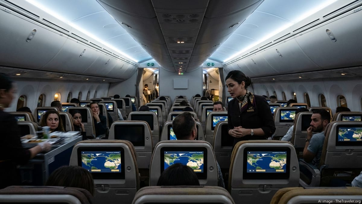 Etihad Boeing 787 economy cabin at night with crew speaking to a passenger mid-flight.