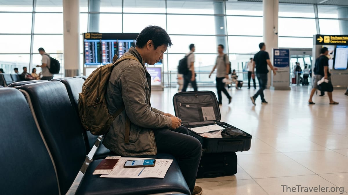 Traveler at an airport bench reviewing travel insurance papers beside an open carry-on bag.
