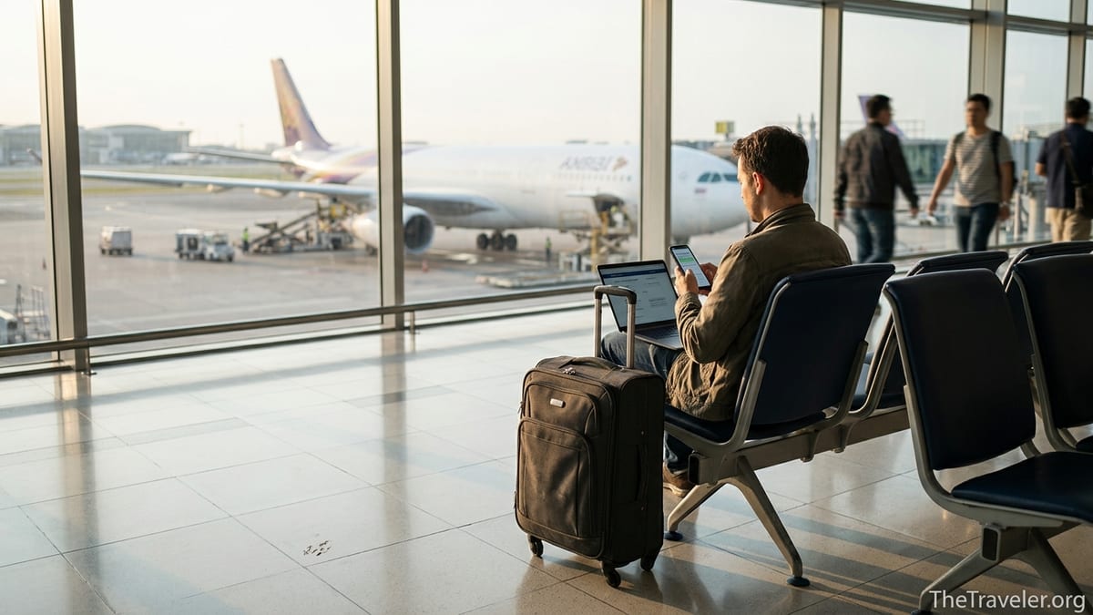Frequent traveler at an Asian airport gate reviewing documents before boarding.