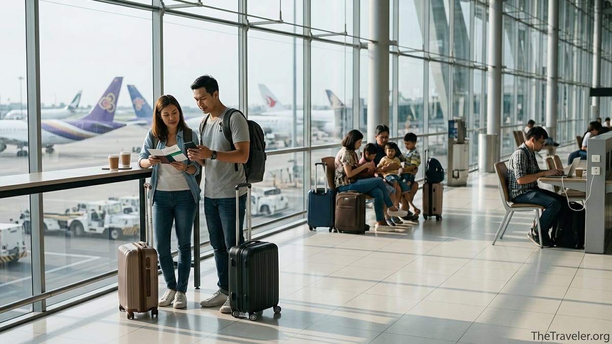 Travelers reviewing digital insurance documents in a bright airport departure hall.