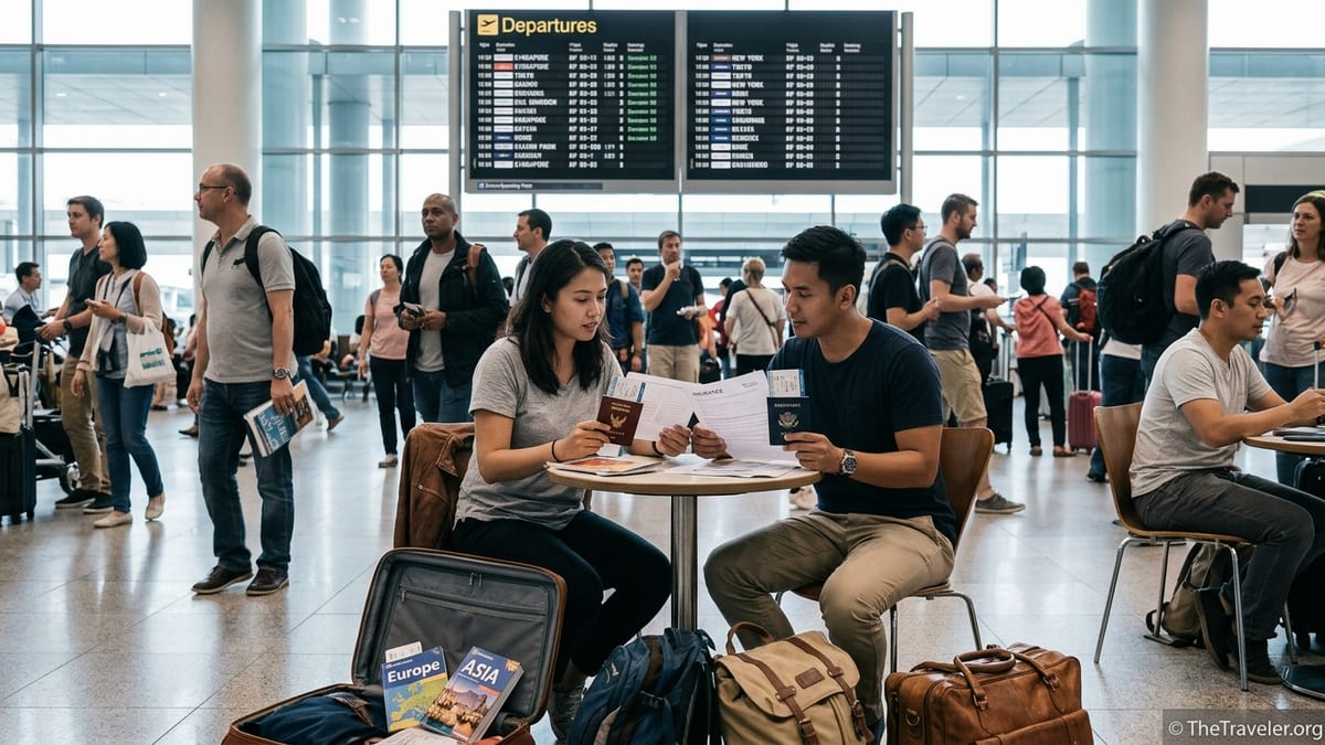 Travelers compare insurance papers at a busy international airport departures hall.