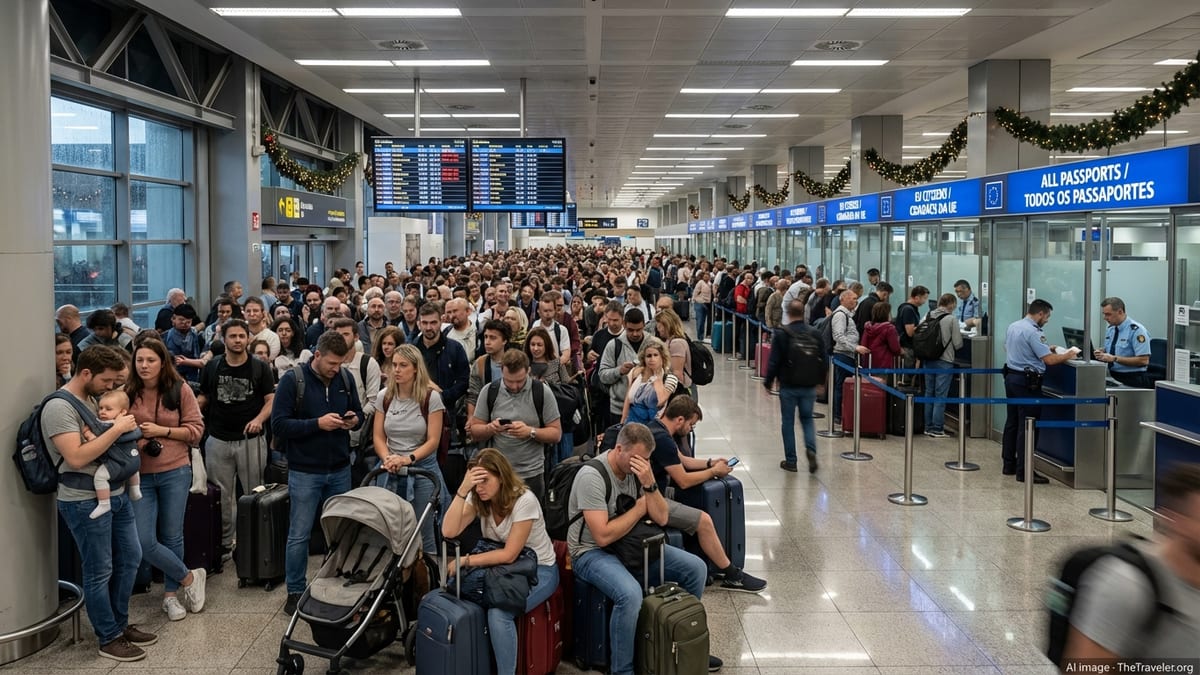 Long passport control queues at Lisbon Airport packed with frustrated travellers.