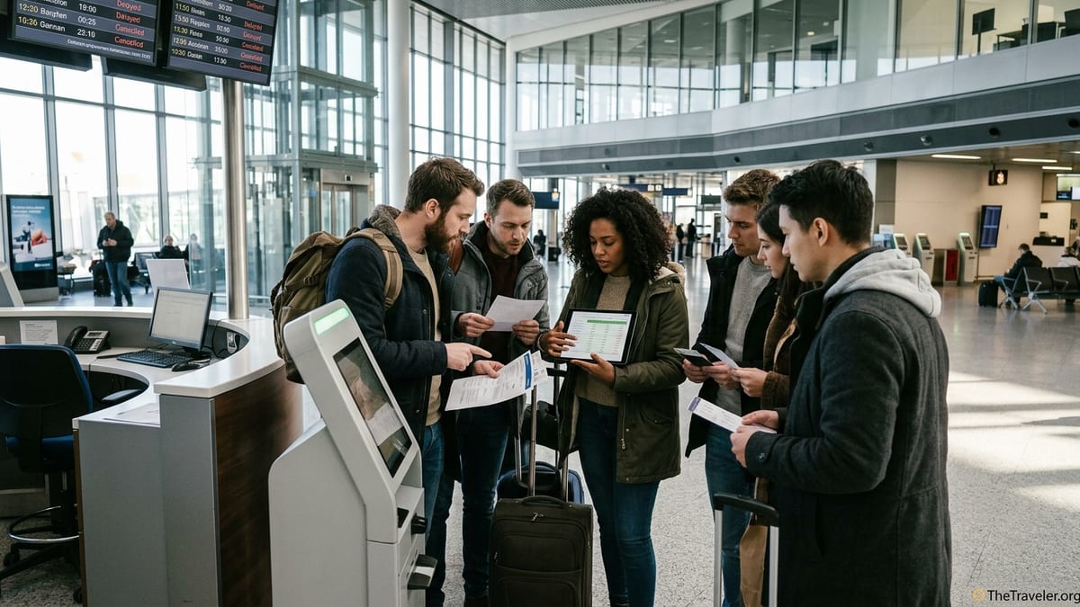 Travelers in a modern airport comparing flight compensation options at a kiosk.