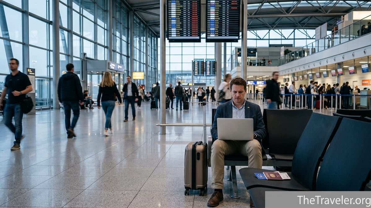 Traveler with laptop waiting at a European airport gate in front of delayed flight board.