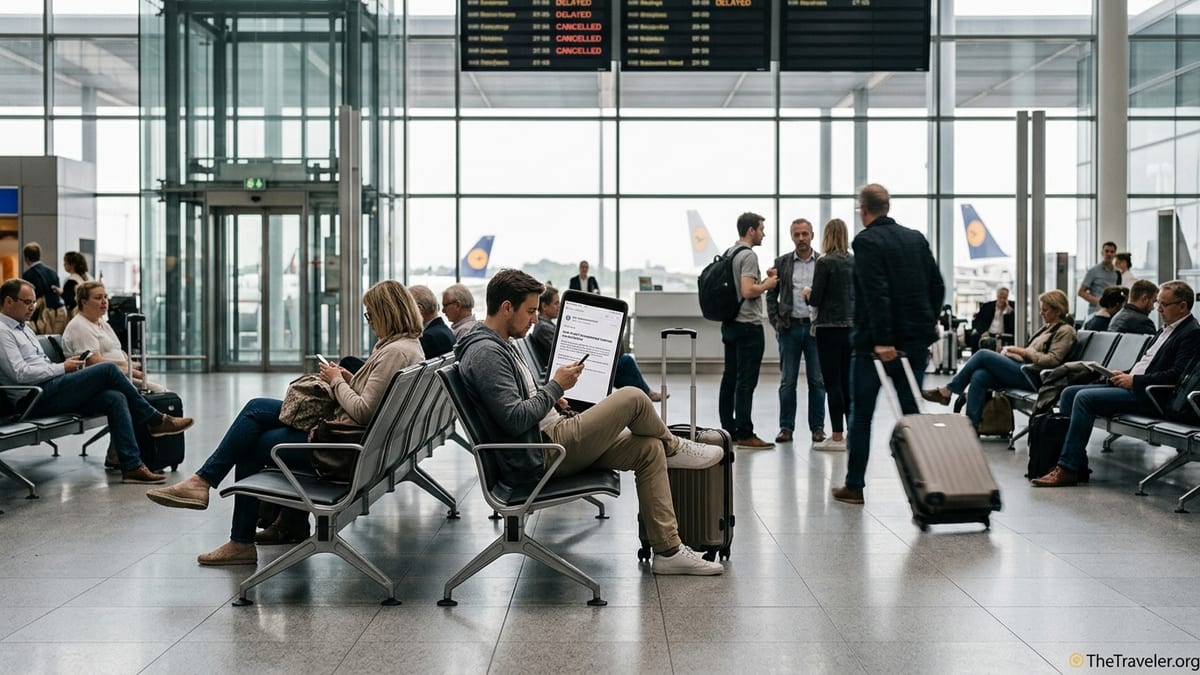 Traveler checking flight compensation on phone in a busy European airport terminal.
