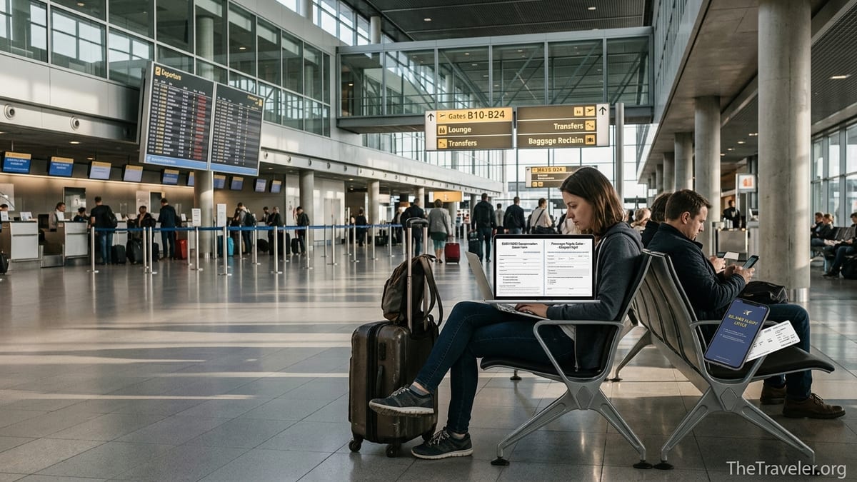 Traveler in a European airport comparing flight compensation options on a laptop.