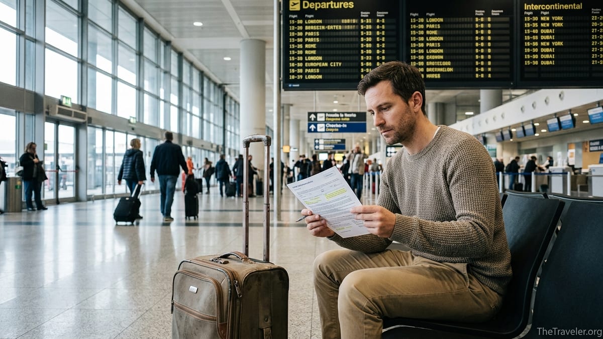 Traveler at an Italian airport reviewing a Europ Assistance travel insurance policy before departure.