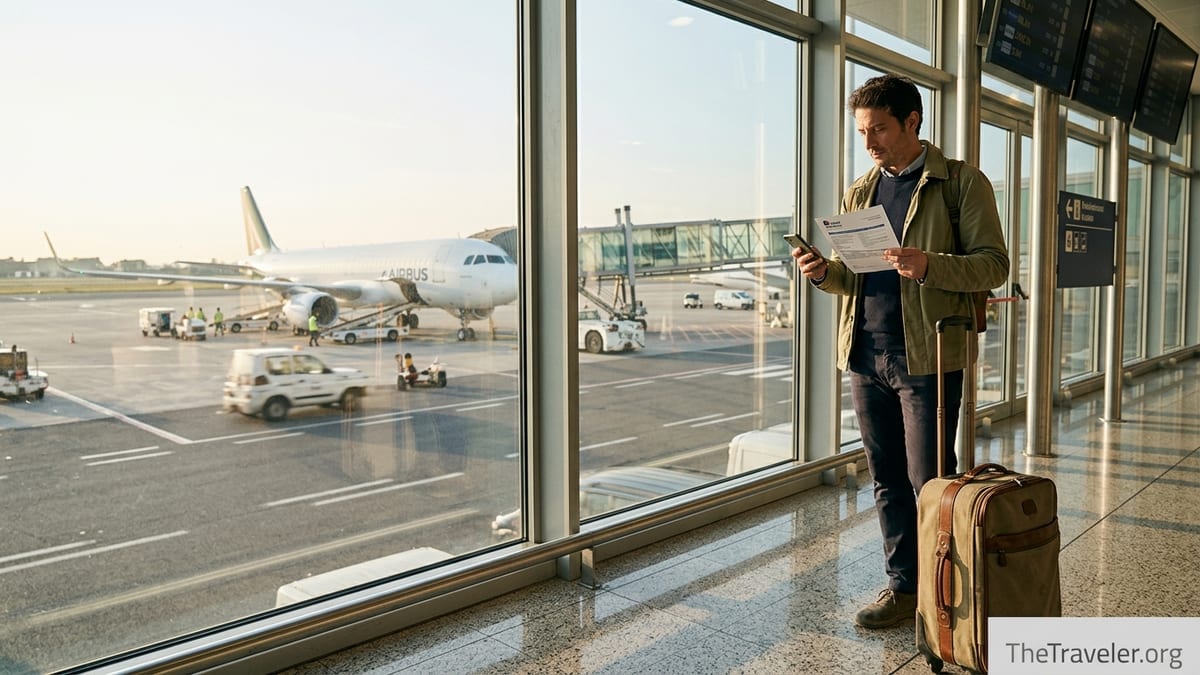 Travelers at Rome airport checking digital travel insurance on phone before departure
