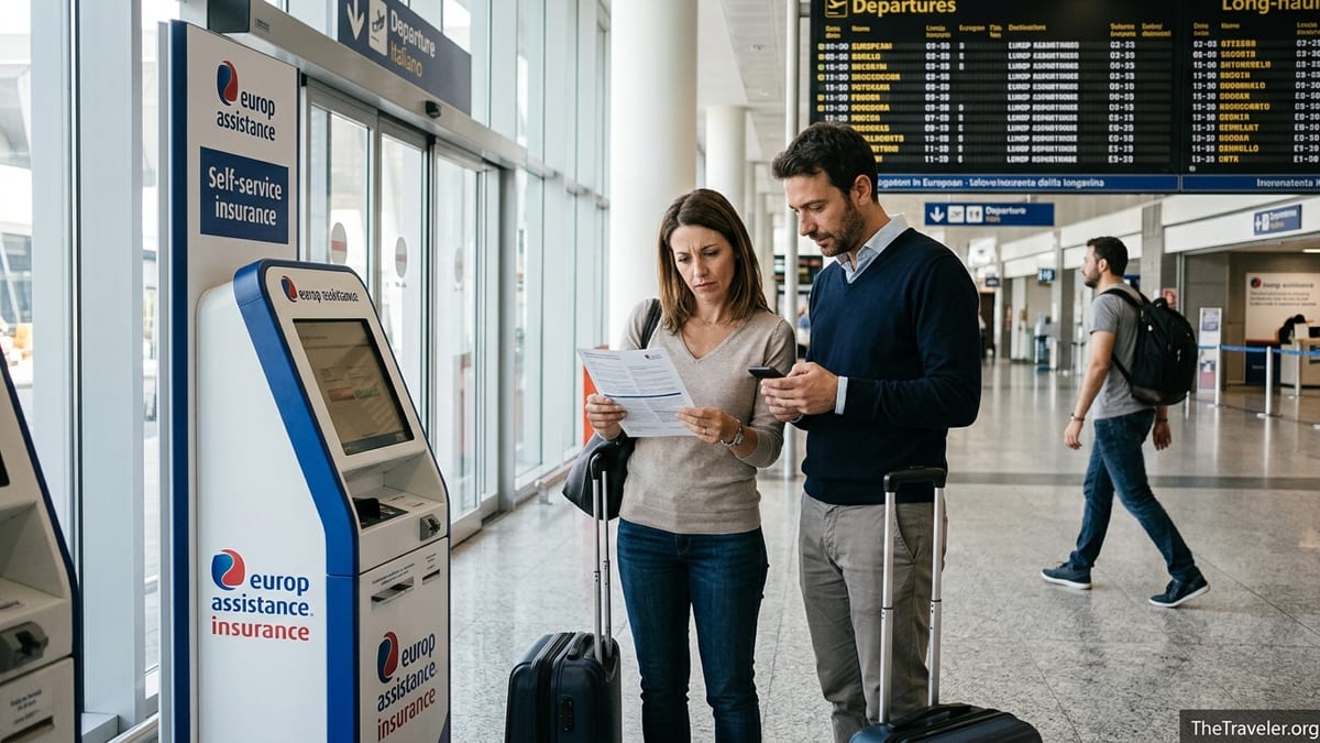 Travelers in an Italian airport comparing Europ Assistance insurance with alternatives.