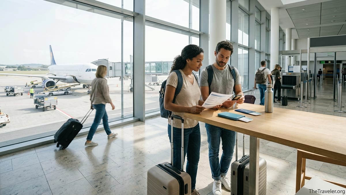 Couple reviewing travel insurance documents in a bright airport departure hall.