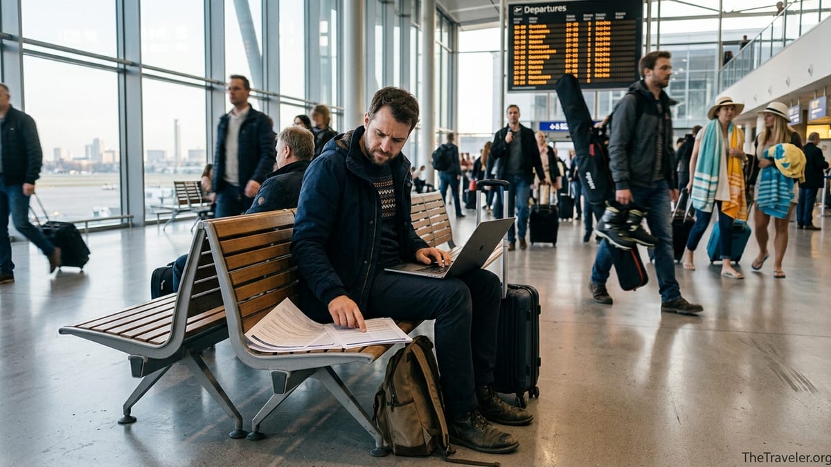 Traveler reviewing printed travel insurance papers in a busy European airport departures hall.