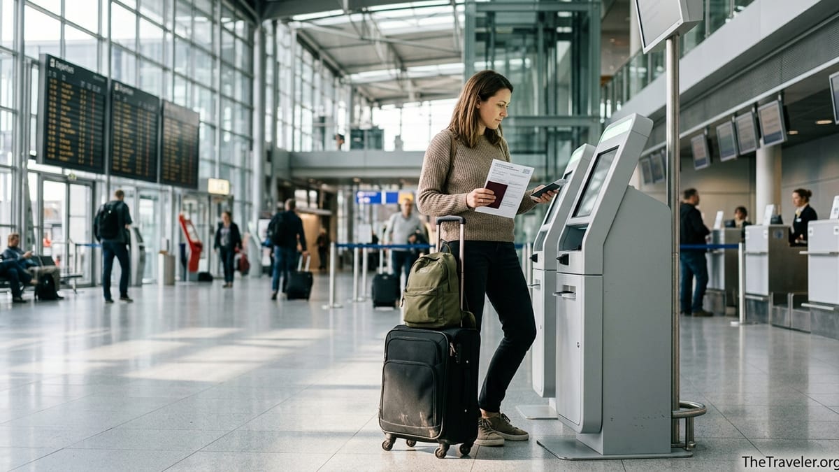 Traveler reviewing a printed travel insurance document at a busy European airport check-in area.