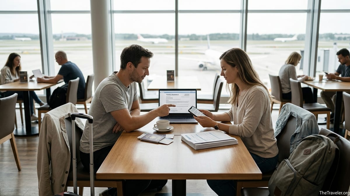 Travelers at an airport lounge reviewing travel insurance documents on a laptop.