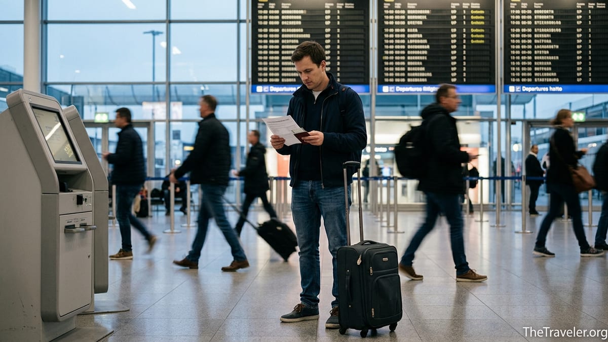 Traveler in a European airport reading a travel insurance certificate with a concerned expression.