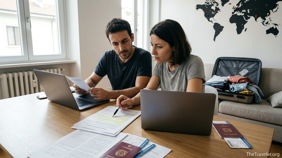 Italian travelers comparing Europ Assistance and Allianz Travel insurance policies at home before a trip.