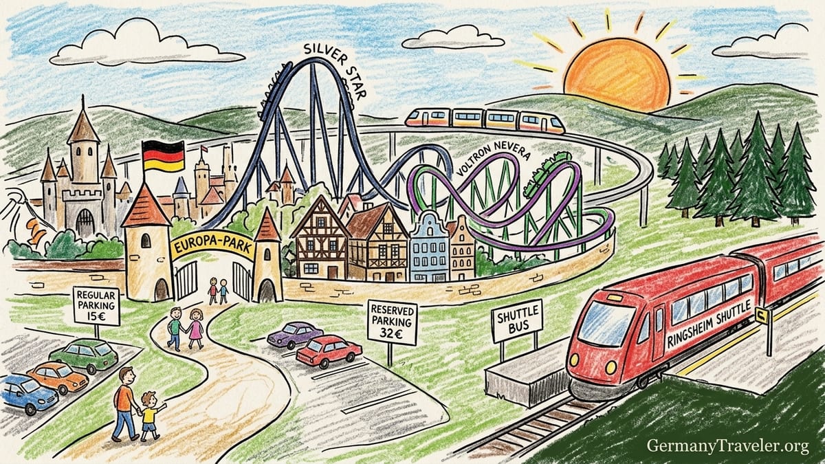 Summer visitors walking through Europa-Park with coasters and Black Forest hills in the background.