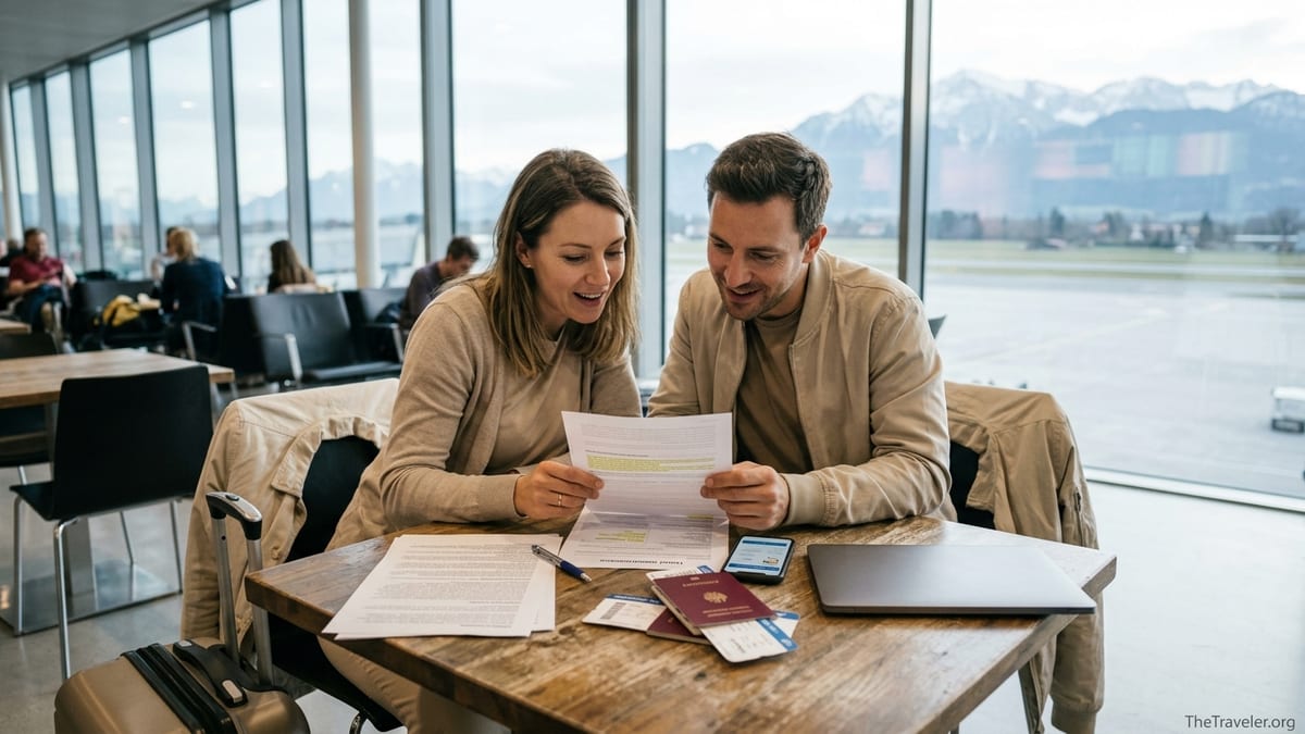 Travelers at a European airport lounge reviewing printed travel insurance documents with passports and laptop on the table.