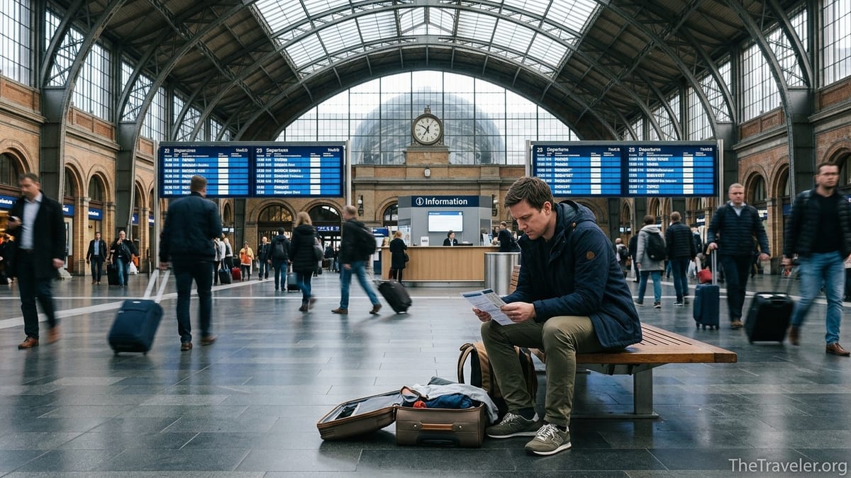 Traveler reading European travel insurance papers in a busy train station