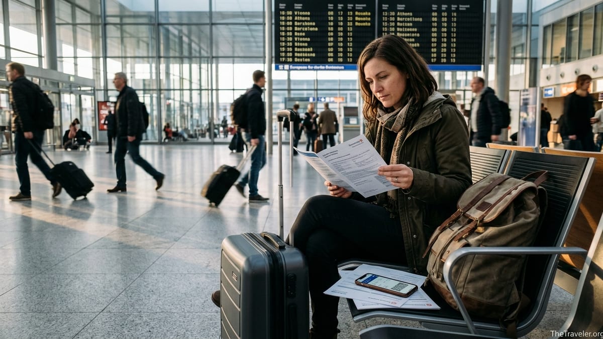 Couple checking travel insurance documents in a busy European airport terminal