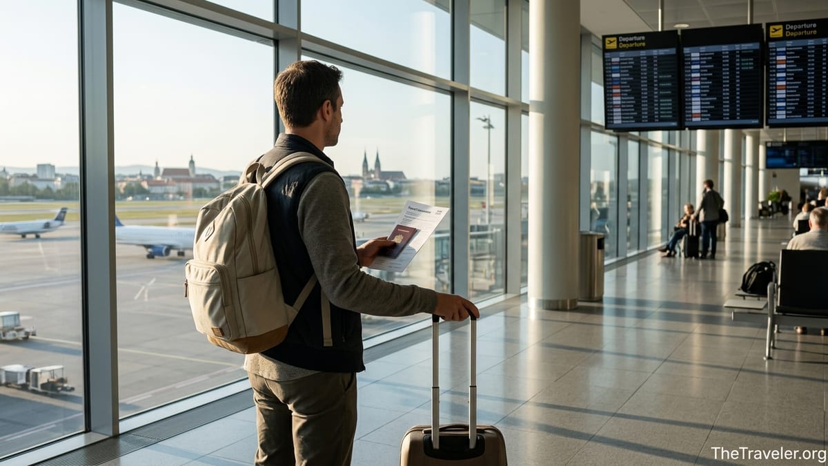 Traveler holding documents in a European airport terminal, ready for a trip.