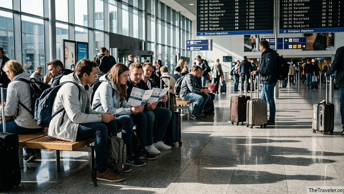 Travelers compare documents in a busy European airport departure hall.