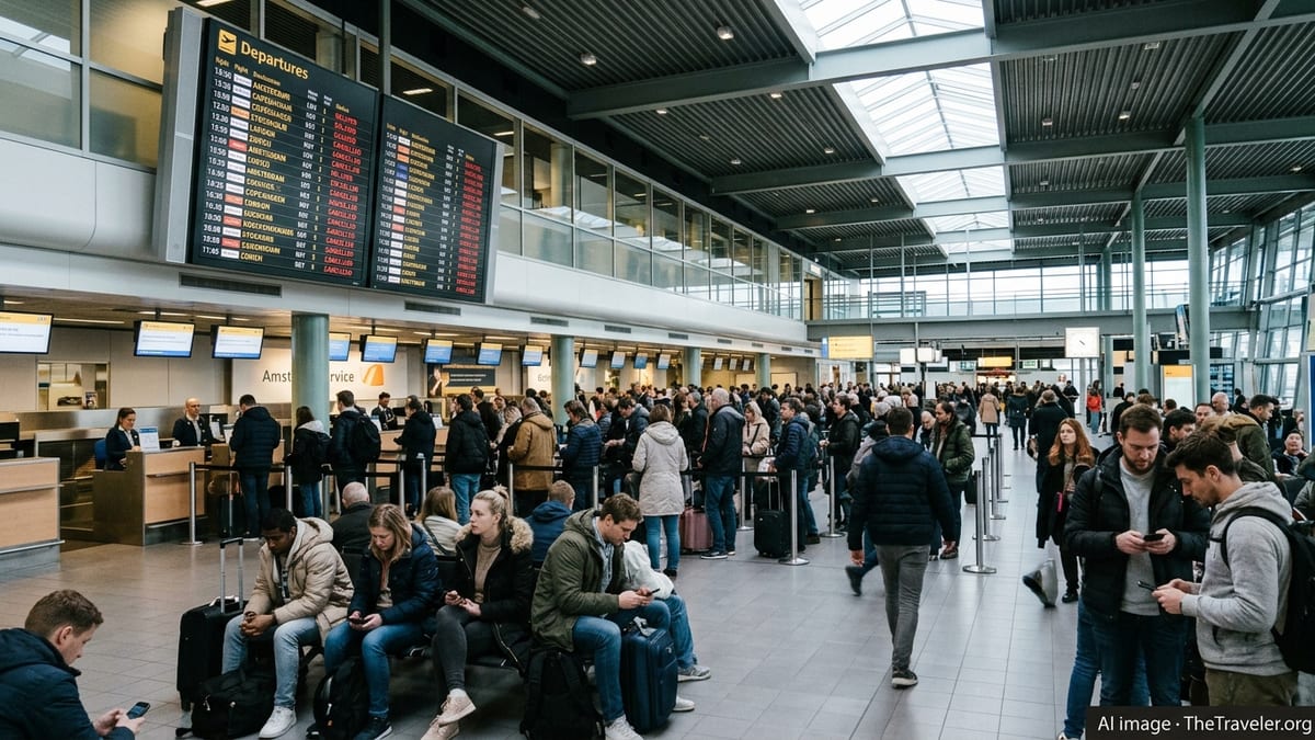 Crowded departure hall at a European airport with long queues and a screen full of delayed flights.
