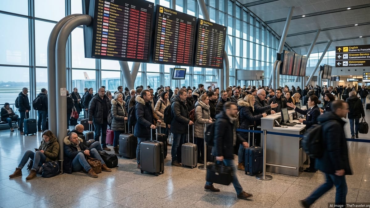 Crowded European airport terminal with passengers under boards showing multiple flight cancellations.
