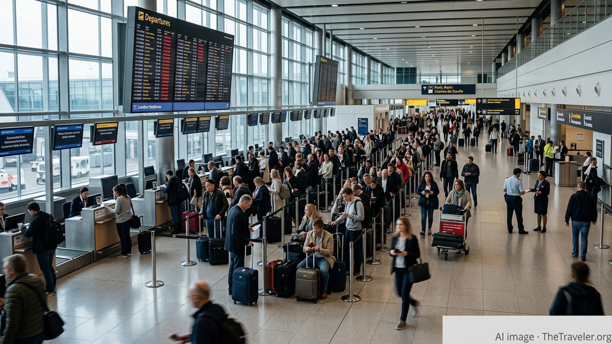 Crowded European airport terminal with long queues of stranded passengers at airline desks.