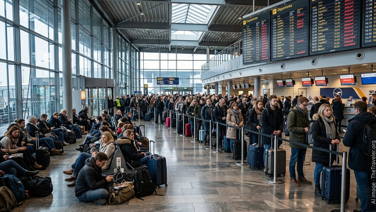 Crowds of stranded passengers queue under delayed and cancelled signs in a busy European airport terminal.
